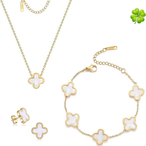 18k Gold Plated 3pc Lucky Clover Earring Necklace Bracelet Jewelry Set Ticvrss - Picture 1 of 5